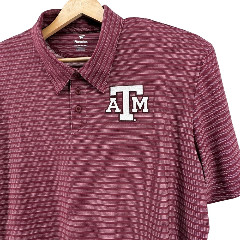 Fanatics Texas A&M Aggies Mens 2XL Polo Shirt Maroon White Striped Short Sleeve